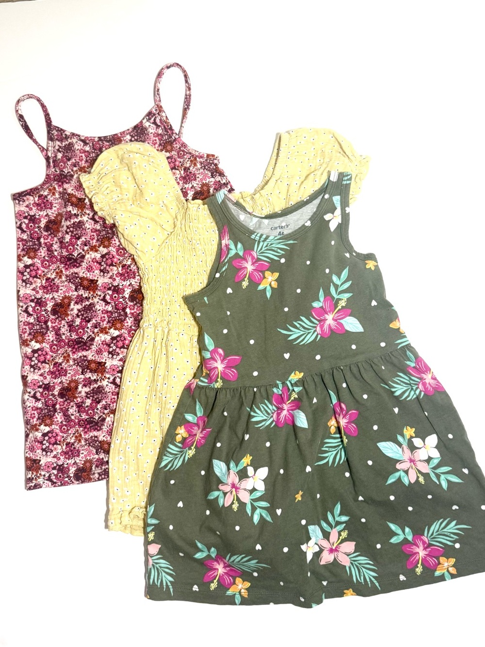 Girls 4T summer dress bundle, green floral, yellow romper & pink floral